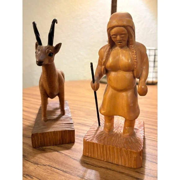 2x BLACK FOREST VINTAGE Hand Carved Wood Set Chamois Goat Tyrolean Woman Alpine